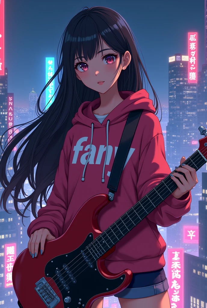 Create a character anime, {{background: capital text “GLBK”, night city}}, tanned skin,
realistic, HDR, beautiful, japan style, full body, use guitar, age 20, hoodie HD text: “FANY”, female, long hair