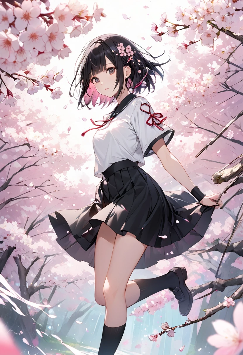 (((Background Senbonzakura)))、((Cherry blossoms fluttering effect))、Black short hair、Quirky hair、(Long bangs)、White short-sleeved clothing、Black Skirt、Black knee socks
