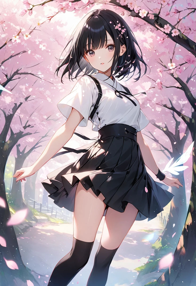 (((Background Senbonzakura)))、((Cherry blossoms fluttering effect))、Black short hair、Quirky hair、(Long bangs)、White short-sleeved clothing、Black Skirt、Black knee socks