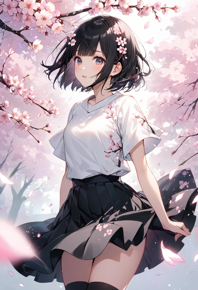 (((Background Senbonzakura)))、((Cherry blossoms fluttering effect))、Black short hair、Quirky hair、(Long bangs)、White short-sleeved clothing、Black Skirt、Black knee socks