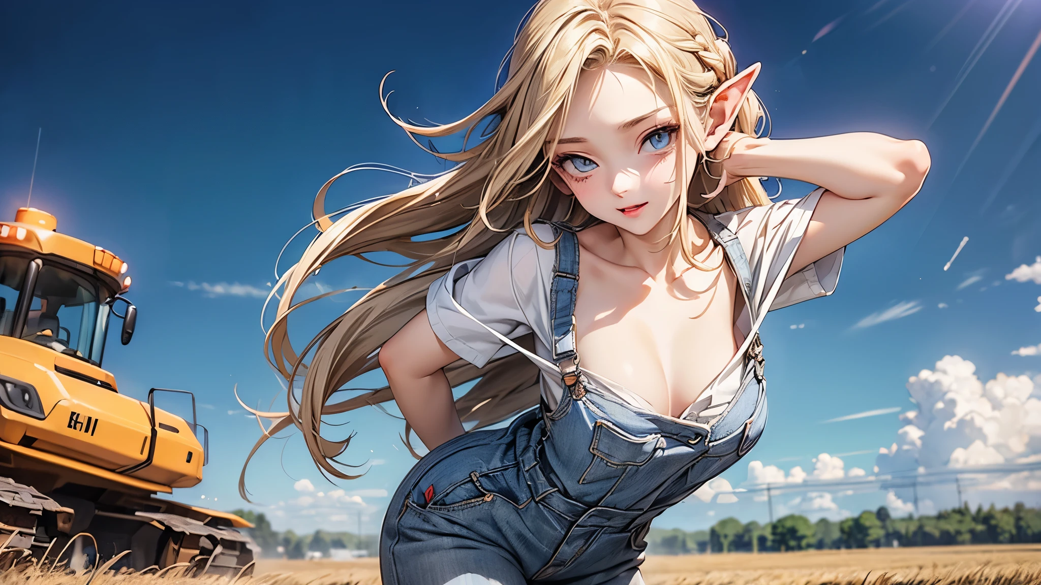 ((Masterpiece)), (Anime:1.5), ((best quality)), (RAW photo:1.2), (High Definition:1.3), (Professional Photography:1.2), (), (1girl), cute young girl, BREAK, (naughty face:1.3), (Beautiful daiamond eyes:1.5), (pale skin), elf girl, wearing Gray Workwear Coveralls, flat chest, slender waist, BREAK, (hair over eyes:1.2), Silky hair, medium hair, ((blond hair)), wearing Gray Workwear Coveralls, (in a wheat field among agricultural machinery), ((low-cut neckline)), (open clothing in the chest area), ((Ukrainian flag on the background in the field)), Ukrainian flag on a flagpole