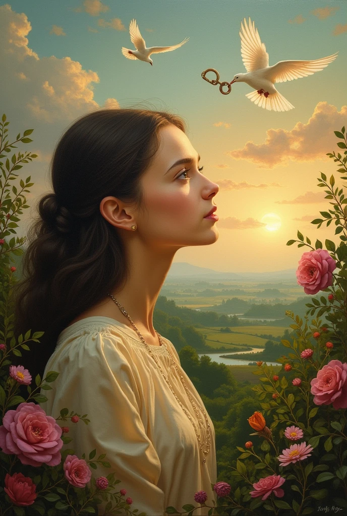 a painting inspired by the powerful story of anne franks diary . it should also represent freedom justice peace and harmony and anne frank's courageous journey