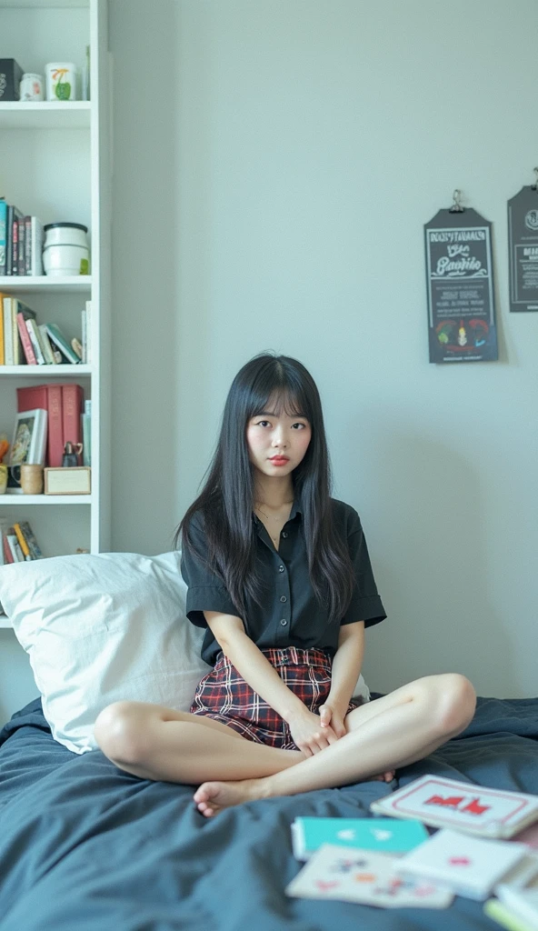 photorealistic image of a woman, ultrarealistic, photography, straight black hair, indonesian woman, small breasts, double eyelids, small messy bedroom, black shirt and tartan short pants, no hair bang