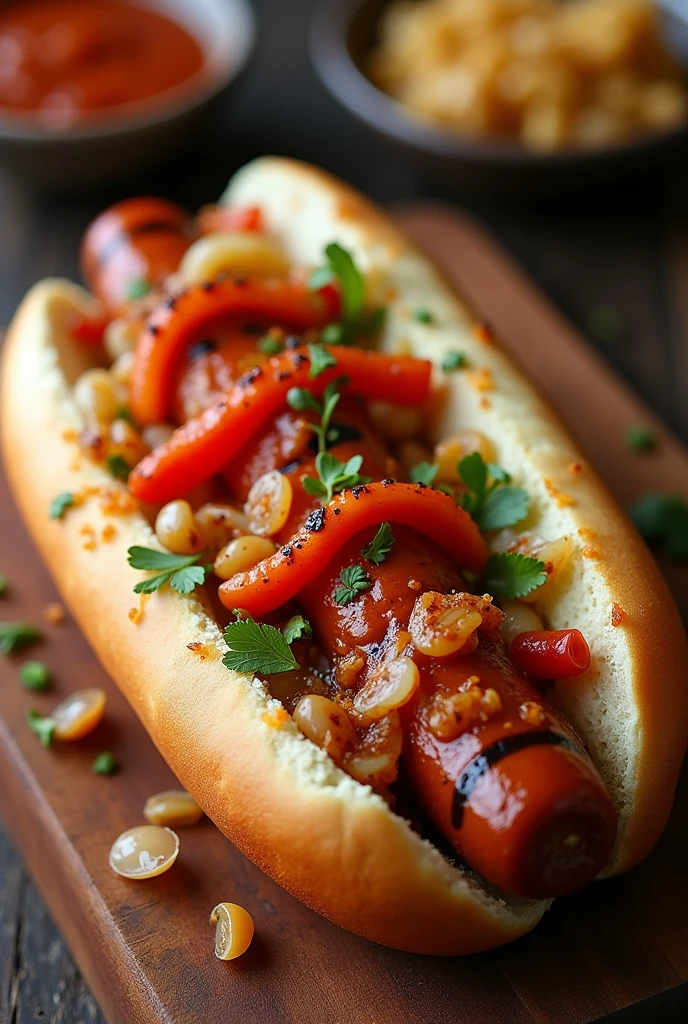 Hot dog with merguez, cooked onion, Algerian sauce and grilled tomato disappointed with grilled peppers in Tangier