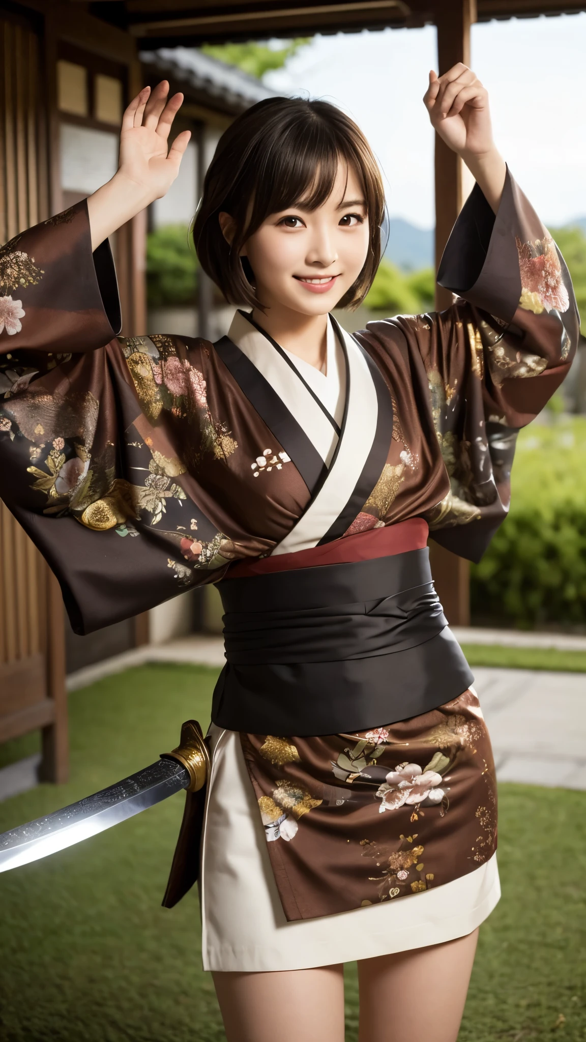One girl, alone, kimono, short hair, arms, sword, Brown eyes, View your viewers, kimono, Brown Hair, lips, Hands on hips, sheath, smile, knife, Black Hair, Upper Body, Mouth closed, sheathed, Raise your hand  