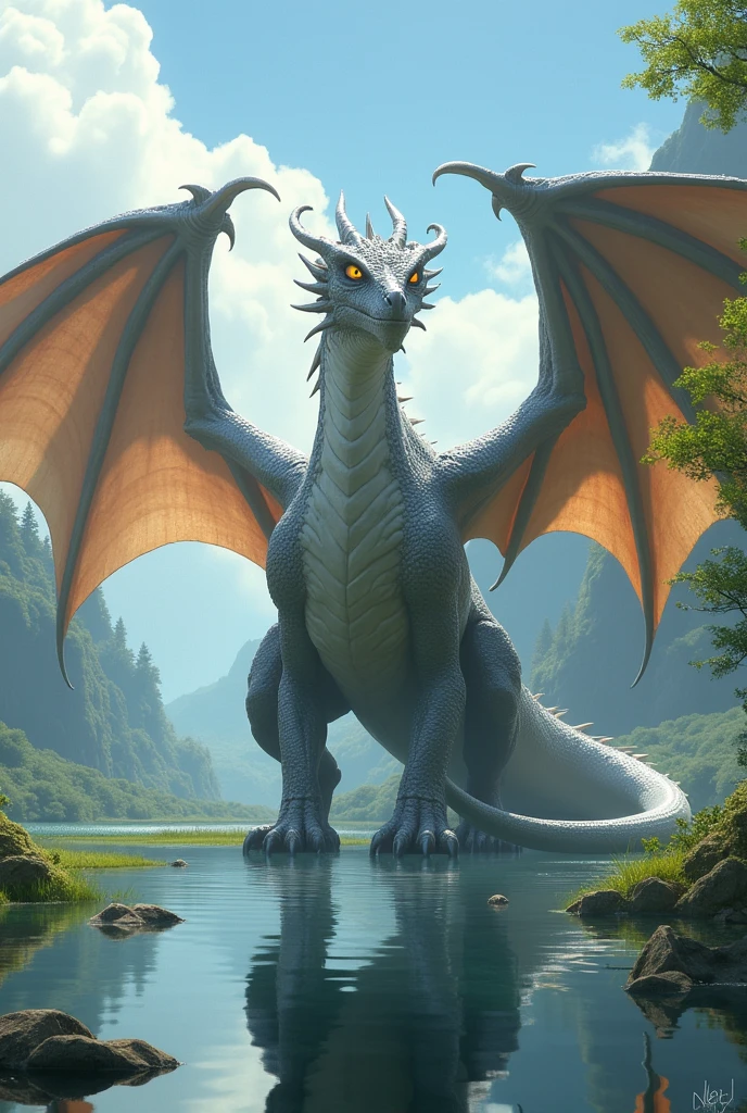 a majestic giant silver good dragon、two big wings、four arms、Yellow eyes、in a clearing with a lake