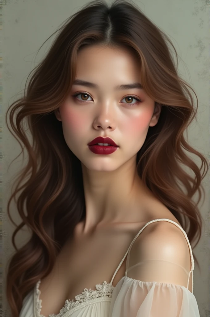 Girl with long wavy light brown hair and wine matte lips