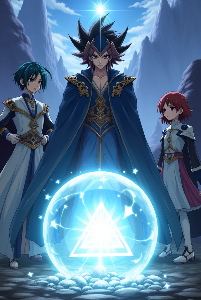 realistic anime style. Wizard Character "Endandmion", he "double iris wizard" and "baby",  arte dhe juego de cartas Yu Gi Oh, parados alrededor de un orbe de cristal brillante blanco con un triangulo en he interior, que flota en he centro de los personajes de pie. The characters are giving their own energy to the orb. magical landscape, Dynamic perspective, Whole body, detailed art, Official art style of the franchise
