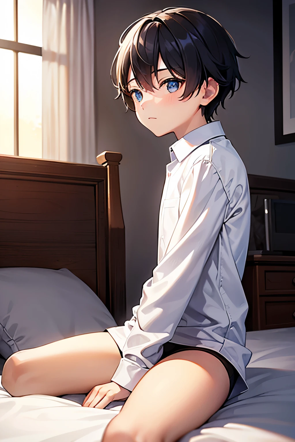 a boy sitting in a bedroom, wearing a white long sleeve shirt and black ?????????, viewed from the side,