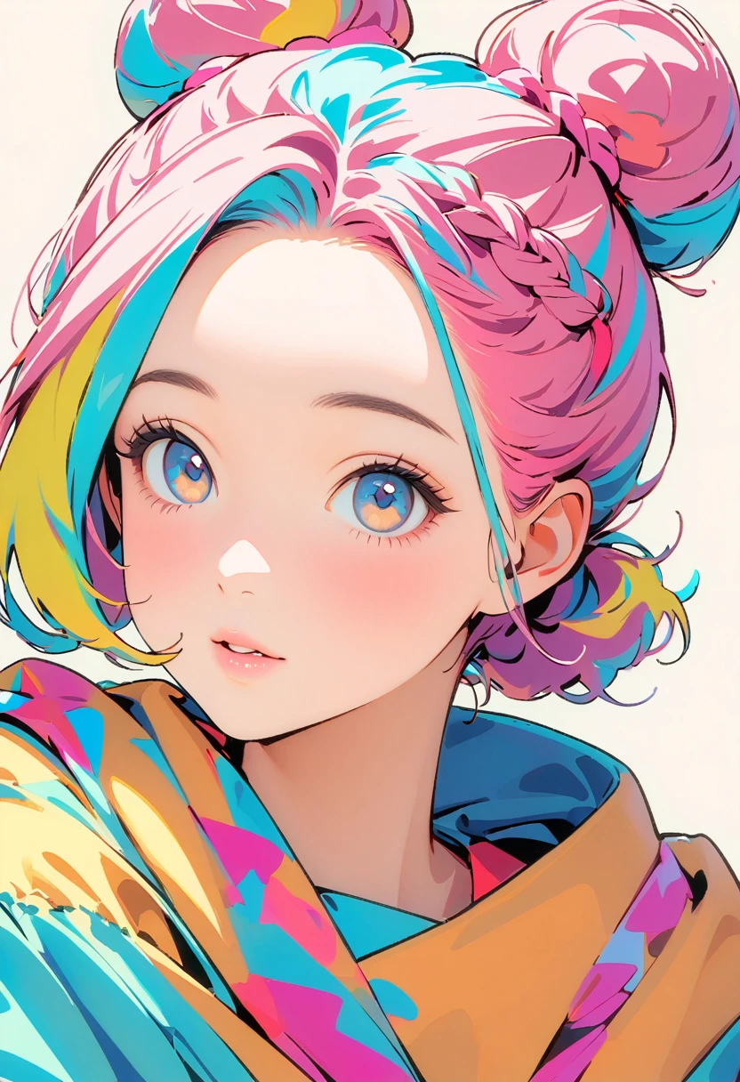 (Highest quality:1.2, City Pop Style, Very detailed, up to date, Vibrant, High Contrast, masterpiece:1.2, Highest quality, Best aesthetics), girl, ((Face Up Shot:1.4)), Colorful Hair, Bun Hair, Braid, pastel colour, 1980s style, ((Retro, Vintage, Plain background))