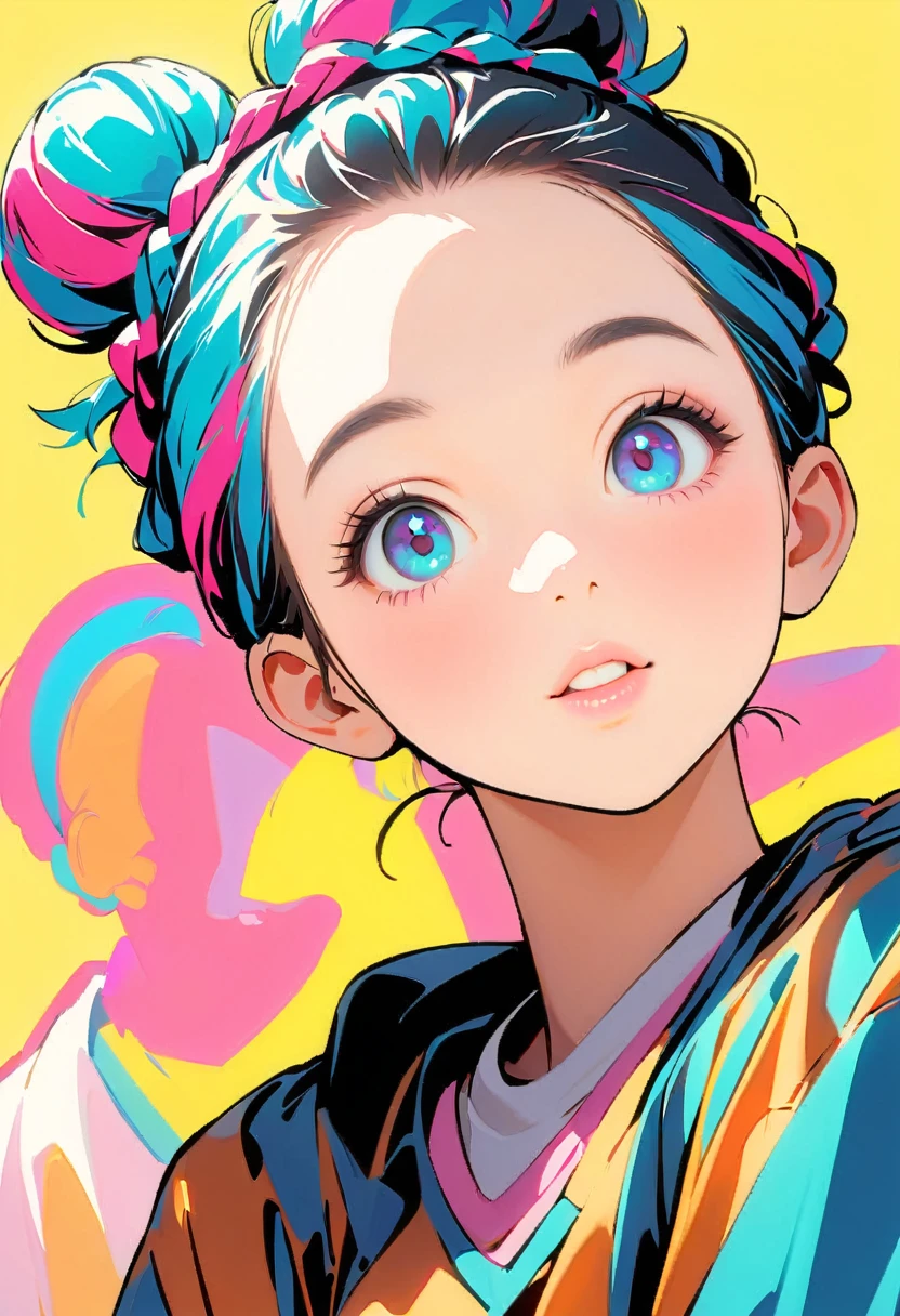 (Highest quality:1.2, City Pop Style, Very detailed, up to date, Vibrant, High Contrast, masterpiece:1.2, Highest quality, Best aesthetics), girl, ((Face Up Shot:1.4)), Colorful Hair, Bun Hair, Braid, pastel colour, 1980s style, ((Retro, Vintage, Plain background))