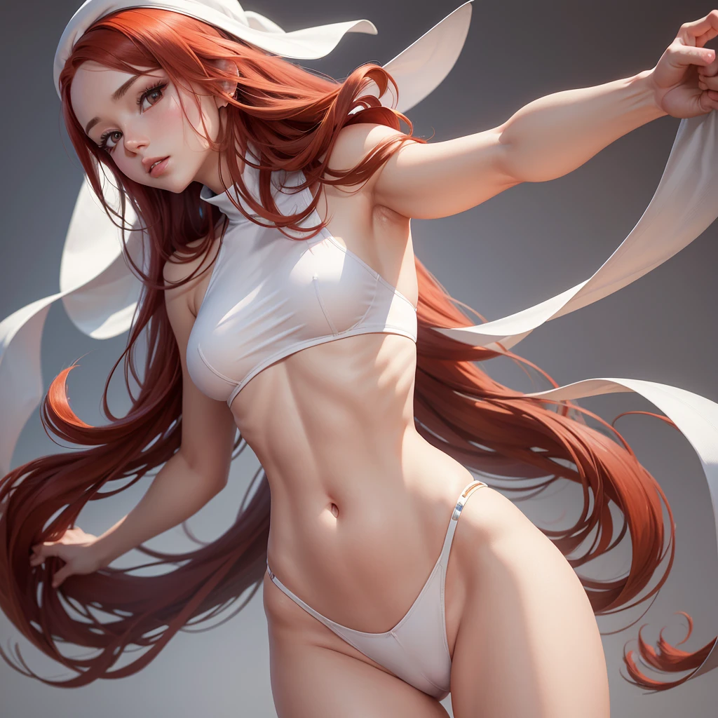 high resolution, 1 , longye hair, redheadwear, bangss, simple background, Proportionate Body, slightly wider hips,anatomically correcte, white, SOCIAL CLOTHES, provocative pose
