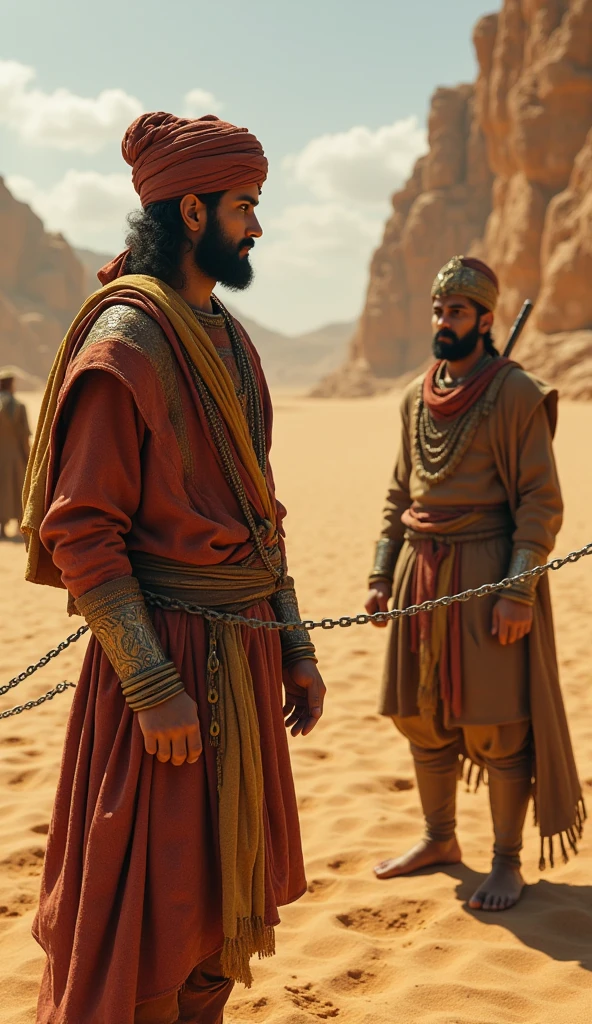 Mohammed Ghori's hands are tied with chains in the desert in front of Prithvi Raj.