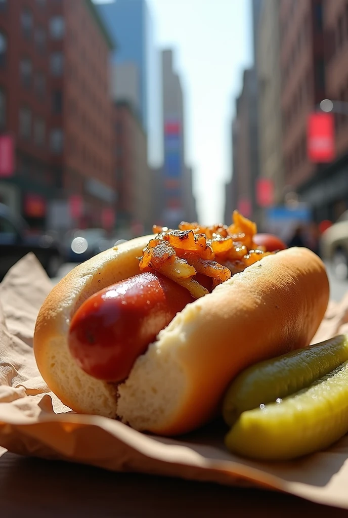 A New York-style hot dog with onion and pickle in New York 