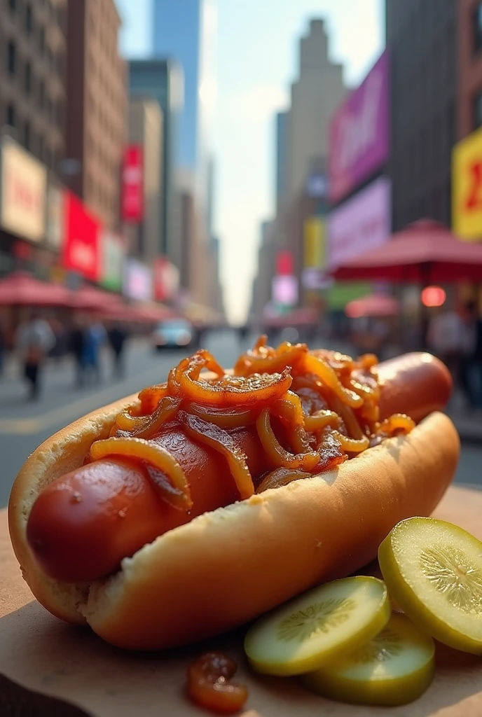 A New York-style hot dog with onion and pickle in New York
