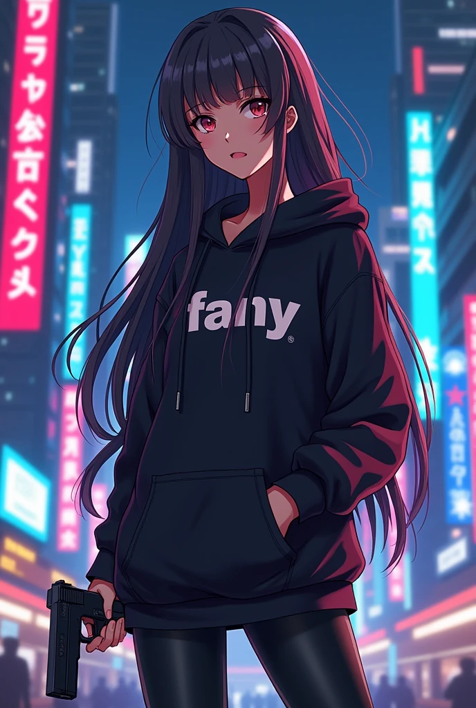 Create a character anime, {{background: capital text “GLBK”, night city}}, tanned skin,
realistic, HDR, beautiful, japan style, full body, use piastol, age 20, hoodie HD text: “FANY”, female, long hair