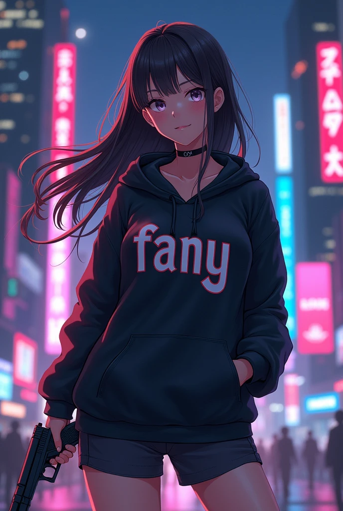 Create a character anime, {{background: capital text “GLBK”, night city}}, tanned skin,
realistic, HDR, beautiful, japan style, full body, use piastol, age 20, hoodie HD text: “FANY”, female, long hair