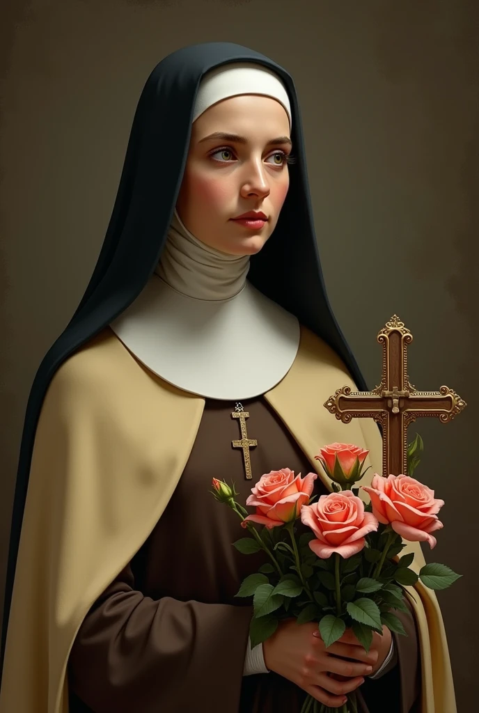 Generates an image of Saint Therese, dressed in a brown habit, black veil, a light yellow cloak, a religious nun, holding a bouquet of roses and a crucifix. she is portrayed with a contemplative expression, reflecting his deep spirituality and communion with God, she has on average 24