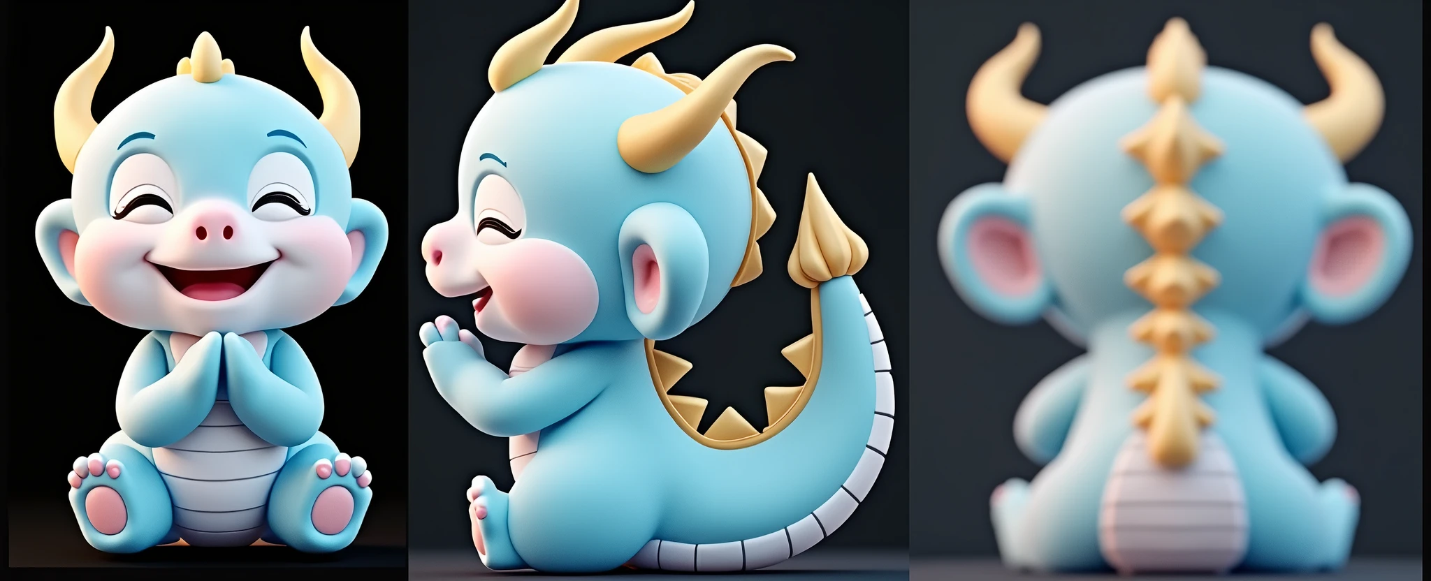 3D rendering, C4D, cartoon style version of a cute Chinese baby dragon, blue body, pink face, golden horns on his head, smiling happily and praying with his hands folded, full body front view and side view, back view. Light indigo and gold style, anime aesthetics, furry art, solid color background, super high detail.