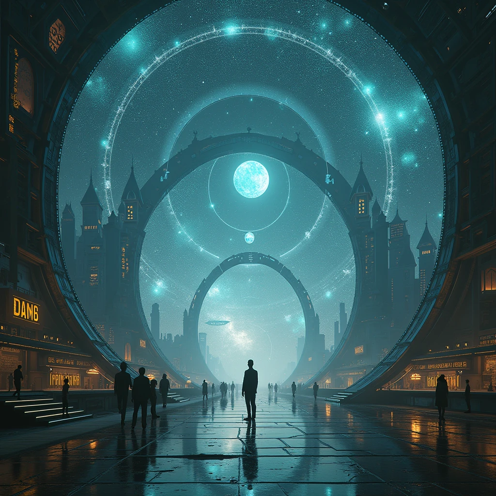 a hyperrealistic picture capturing the life of humanity as a simulated world, which was created and controlled by an alien race through galactic artificial intelligence, the development of humanity is directed through philosophical directions.

	1.	A simulated world: Country, which illustrates the illusion of an endless universe with majestic starry skies and futuristic architectures, which emphasize the artificial nature of the environment.
	2.	Philosophical directions: View hlavných filozofov a ich vplyv na ľudské myslenie. View Plato and Aristotle in Antiquity, Descartes and Bacon in the Renaissance, Foucaulta a Derrida in postmodernism a poststructuralism. Their philosophies should be visualized as abstract symbols and holograms, which illustrate their influence on human understanding of reality and language.
	3.	Observers: An alien race in technological observatories, observing and analyzing human development. Display their devices and holograms, which they examine in detail, how philosophical theories shape human behavior and perception of reality.
	4.	Language and deconstruction: View, how Derrida&#39;s theory of the ever-changing meaning of words and their effect on reality affects human interactions. Visualize dynamic language systems and abstract texts, which illustrate philosophical concepts.
	5.	The discovery of true reality: In the background, show the transition from the simulated world to reveal the real one, smaller universe. Show me, as humanity adapts to new conditions and discovers the wider universe.

This image should epically capture the development of philosophical ideas and their impact on humanity, as an alien race observes and analyzes them in a hyper-realistic quality.
