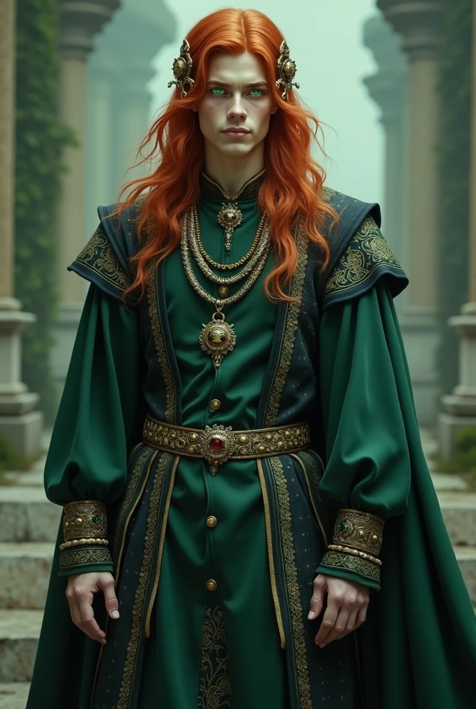 Young Man around 17, ((( Green + black outfit), snake jewelry, long sleeves, wide sleeves, , embroidery, long skirt, North Prince outfit, long flowing red hair, detailed face, detailed green beautiful eyes, (intricate:1.3), (arcane aura:1.2), (dreamlike:1.3), (subtle mist:1.1),(vibrant colors:1.2), (detailed hair:1.3), (ultra realistic details:1.5),