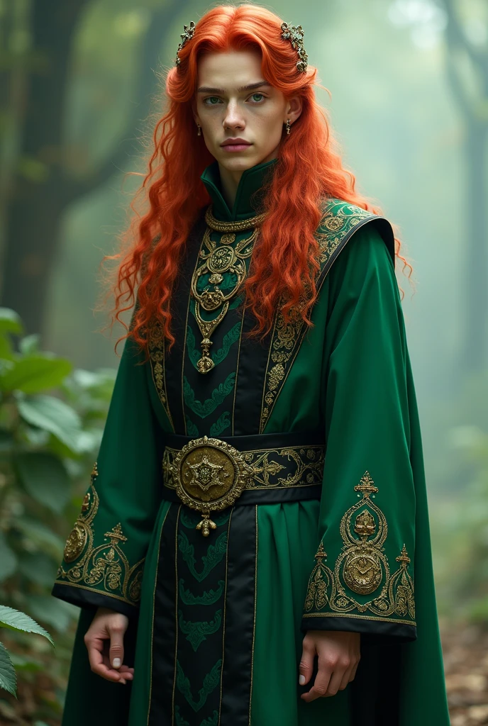 Young Man around 17, ((( Green + black outfit), snake jewelry, long sleeves, wide sleeves, , embroidery, long skirt, North Prince outfit, long flowing red hair, detailed face, detailed green beautiful eyes, (intricate:1.3), (arcane aura:1.2), (dreamlike:1.3), (subtle mist:1.1),(vibrant colors:1.2), (detailed hair:1.3), (ultra realistic details:1.5),