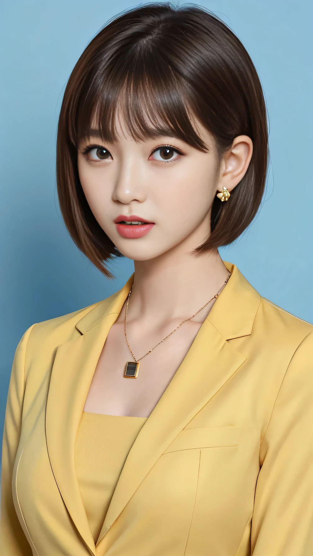 RAW Photos, High resolution, Very detailed, Intricate details, 、ear piercing、Expressionless、short hair、Black Hair、Open your mouth a little、Clear beauty,(High quality fabric, Office Lady Suits 、Necklace around the neck、, The background is the office