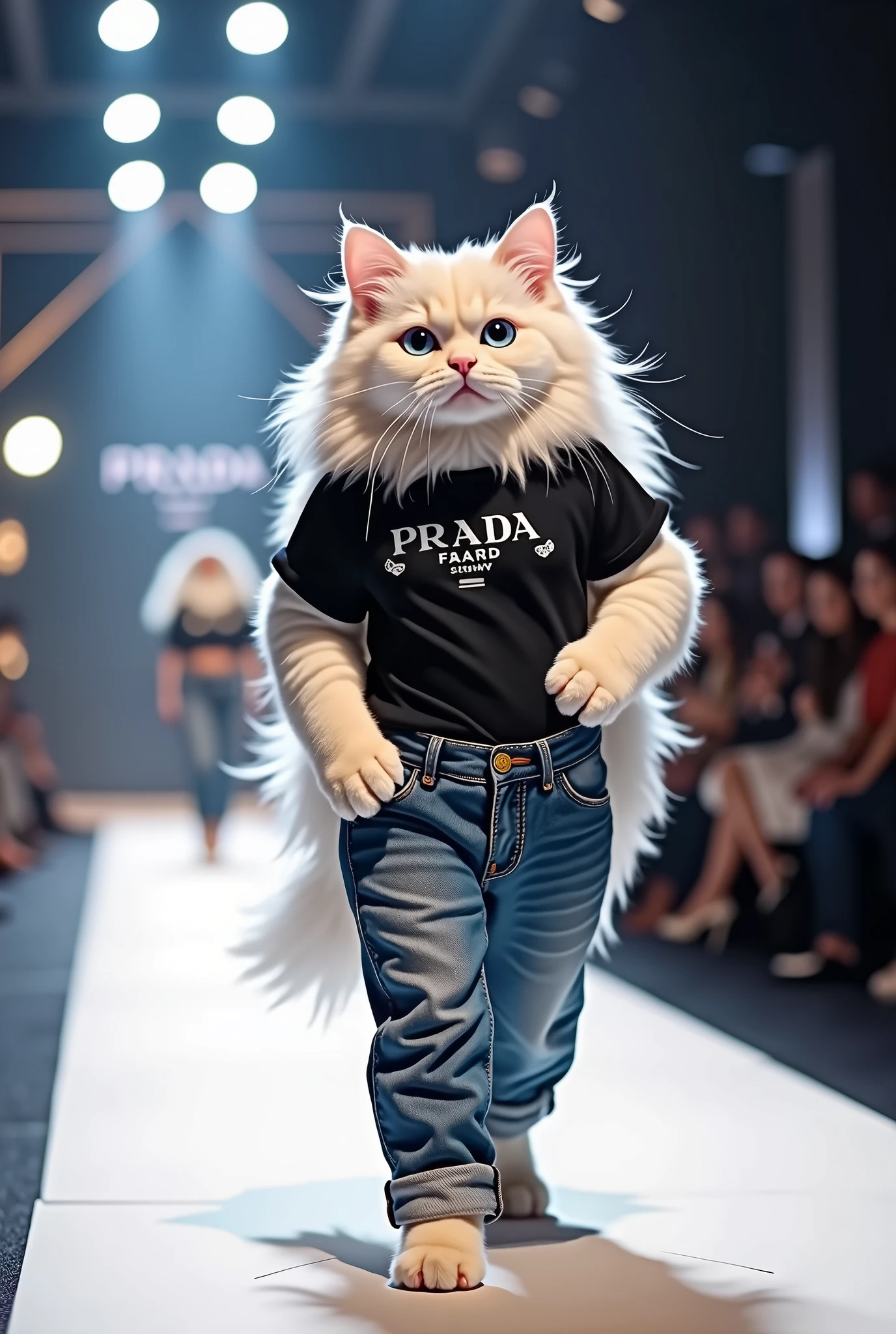 Himalayan cat wearing Prada t-shirt and jeans set in a fashion show. Full body photo as real as in real life.