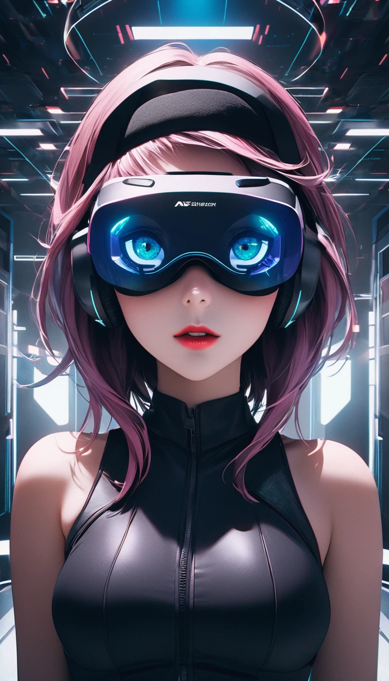 Women with Tech Glasses, In a future facility space with VR simulation, pure color interior design, full of technology, a sexy young European and American woman with dramatic makeup, exaggerated makeup, wearing VR glasses, looking at the audience, film grain texture, simulated photography aesthetics, visual narrative, enhanced dynamic composition, looking at the audience, eye contact