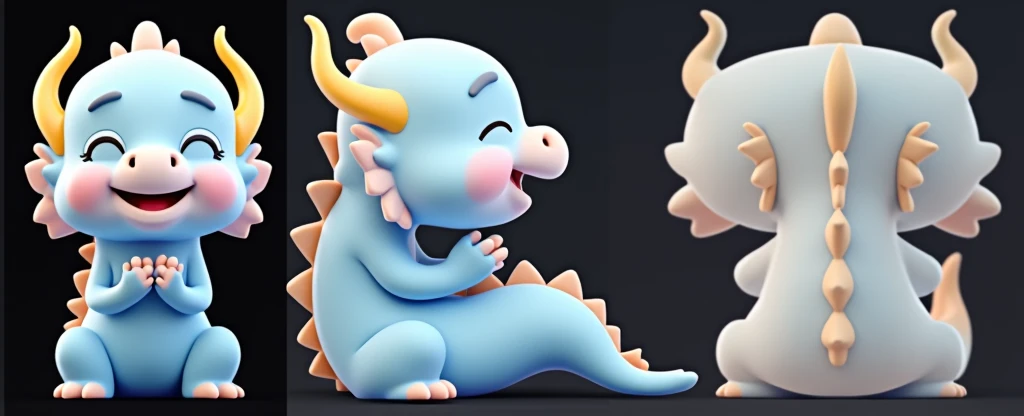 3D rendering, C4D, cartoon style version of a cute Chinese baby dragon, blue body, pink face, golden horns on his head, smiling happily and praying with his hands folded, full body front view and side view, back view. Light indigo and gold style, anime aesthetics, furry art, solid color background, super high detail.