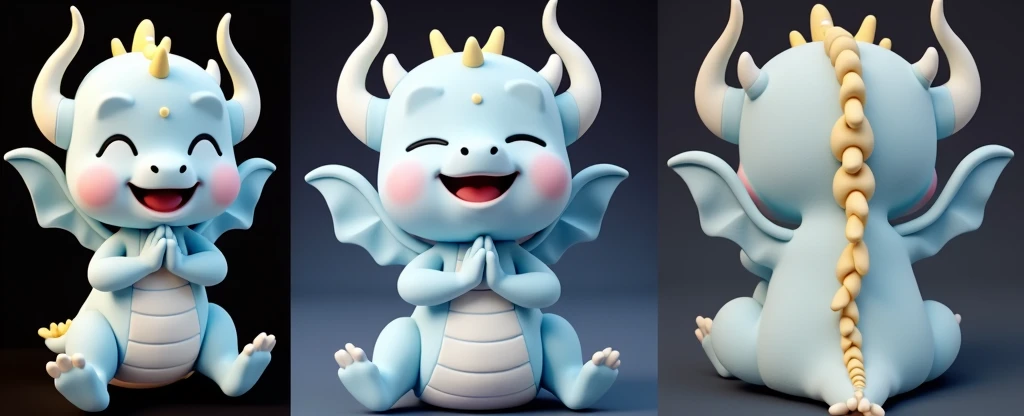 3D rendering, C4D, cartoon style version of a cute Chinese baby dragon, blue body, pink face, golden horns on his head, smiling happily and praying with his hands folded, full body front view and side view, back view. Light indigo and gold style, anime aesthetics, furry art, solid color background, super high detail.