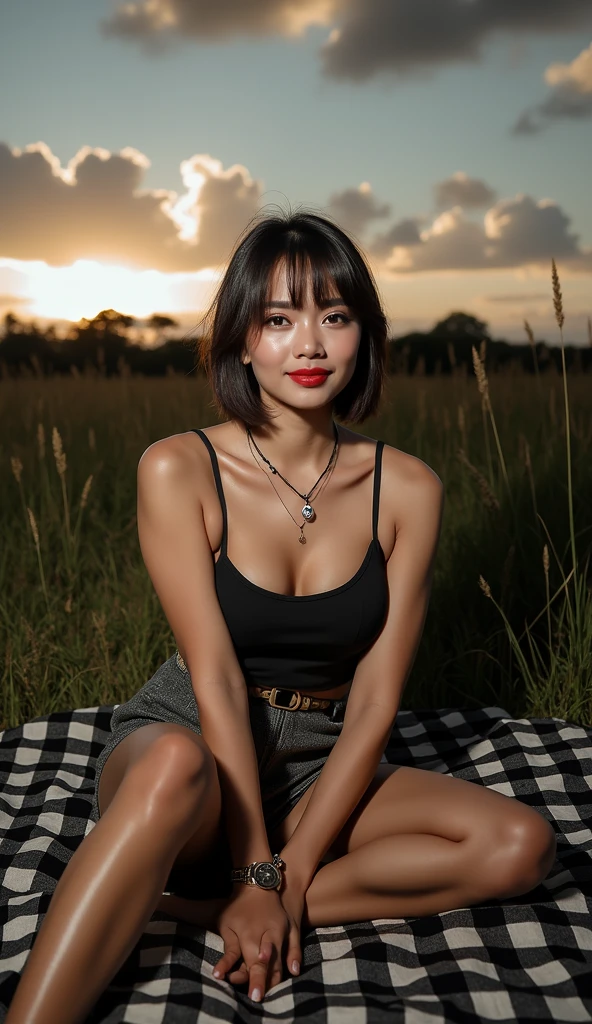 A beautiful Indonesian woman with natural big breasts, a sharp smile, red lips, classic bob bangs hair, tight tank top short skirt wearing H letter necklace bracelet and watch, sitting in the middle of the grass on a black and white checked cloth, sunset is very beautiful sky,
Very bright lighting., fashion
