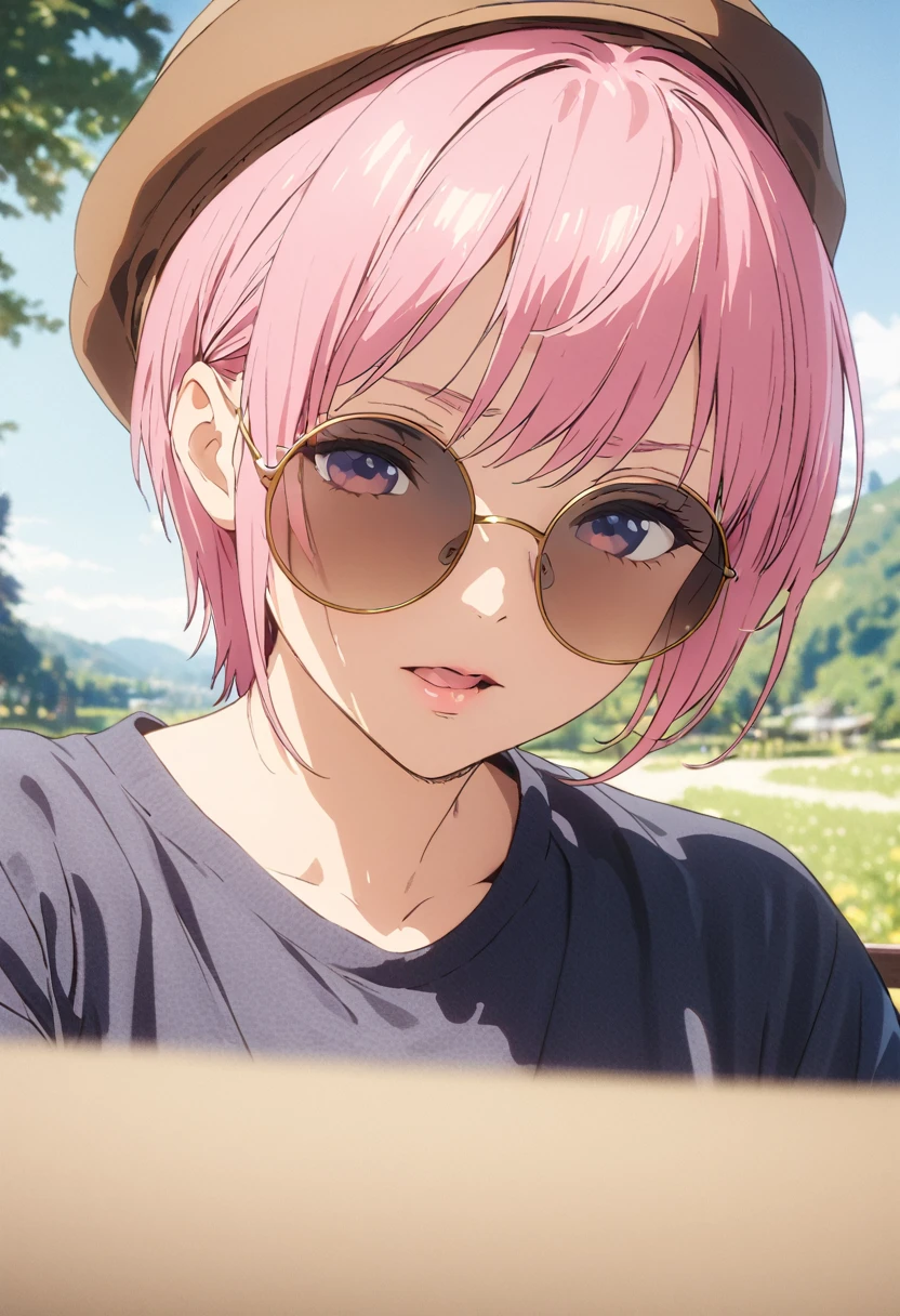 (Highest quality, 4K, 8k, High resolution, masterpiece:1.2), Very detailed, Picturesque, Animated Photography, Photo Animation:1.37)、Japanese actress、(Pink Hair)、(short hair)、stnding、hunting hat、round sunglasses、Nakano ichika