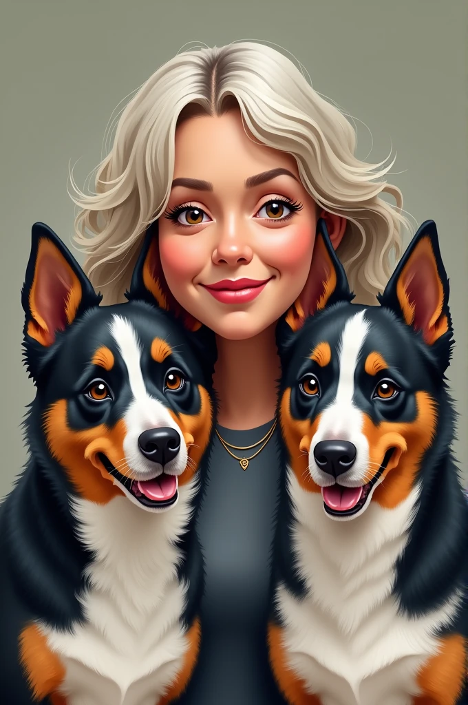 BLUE heeler with black mask on both eyes ,has a little tongue out with the mouth closed , sapeca expression, next to an overweight woman 1,60 MTS shoulder length wavy hair with blonde highlights, light brown eyes medium mouth marked lips 50 years old without wrinkles, fair brown-skinned , on the other side another BLUE heeler with a black mask on just one eye , closed mouth expression would be