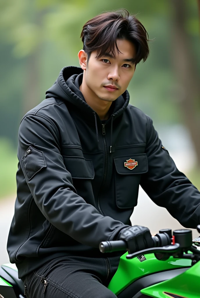 A handsome Korean man with smooth white skin, well-groomed face.jaket jeans cropped hitam ,kaos Putih  logo harley, black cropped pants with lots of pockets,sitting on a Kawasaki Ninja ZX-25R motorbike in highlighter green,riding a Kawasaki Ninja ZX-25R cool black watch, shoe.  shoe boots harley davidson,Background, bokeh, foto asli  full body, Realistic. 