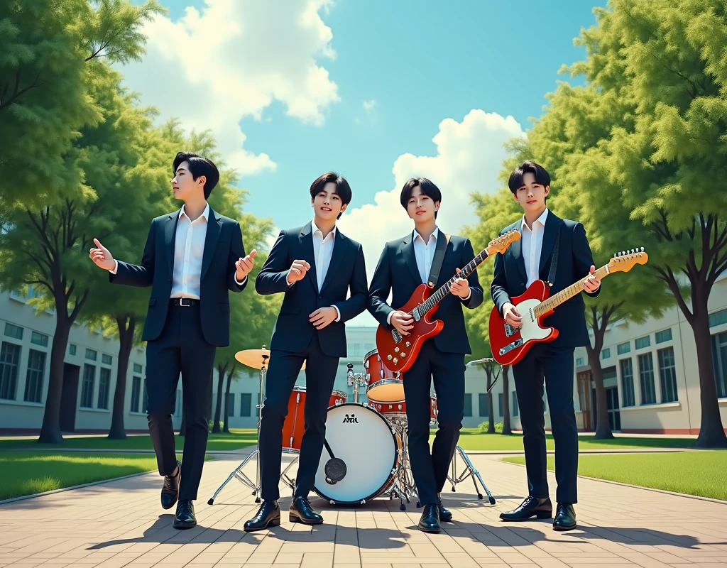 Create an album cover featuring four handsome Korean men wearing stylish school uniforms. The setting should be a school yard. complete with a guitar and drums. with people looking at them.