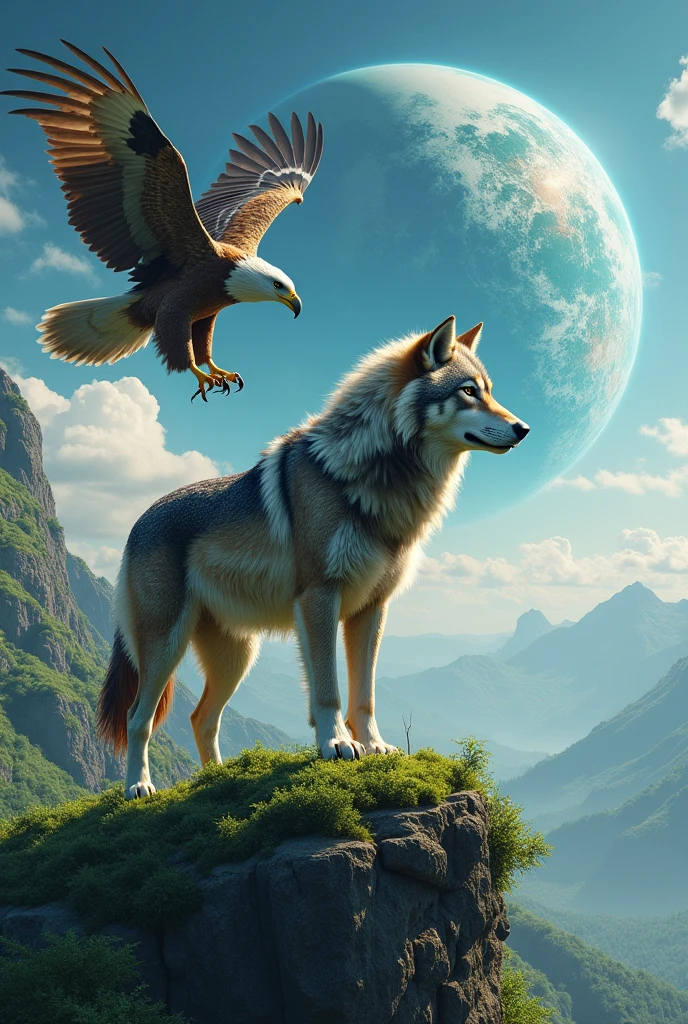 Wolf and Eagle In a green Mountain with Planet Earth on the Background