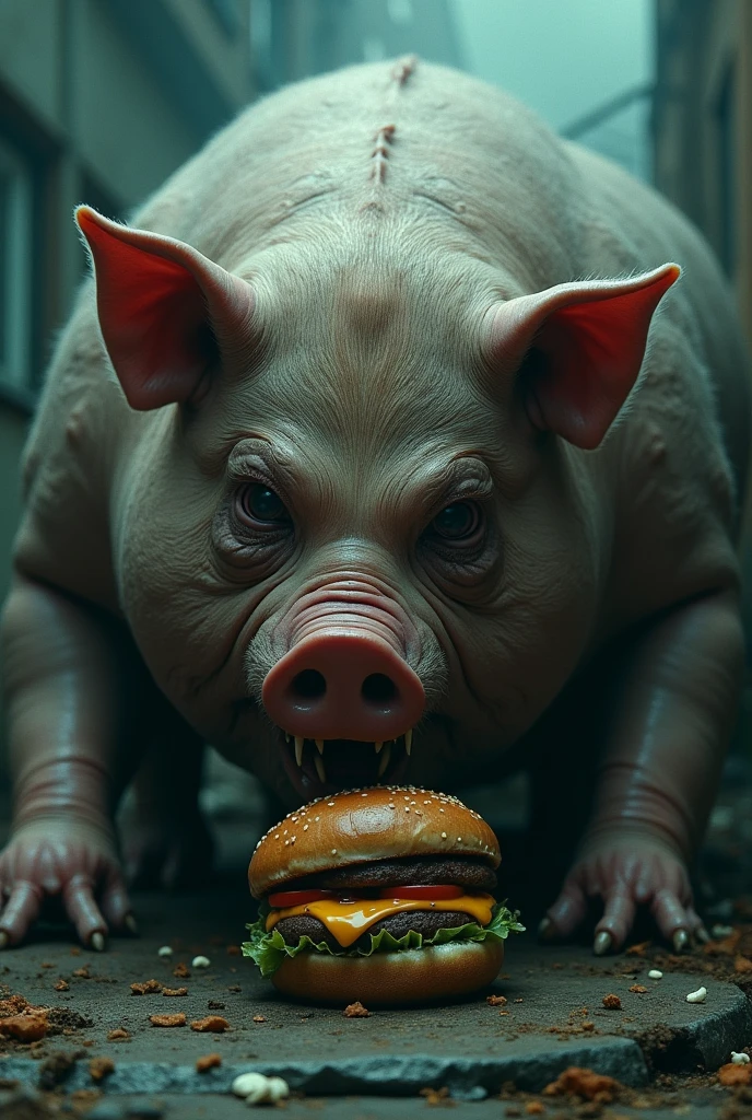 A Very scery photo of a Very fat llig of legenda player eating plastick burger while Whiting