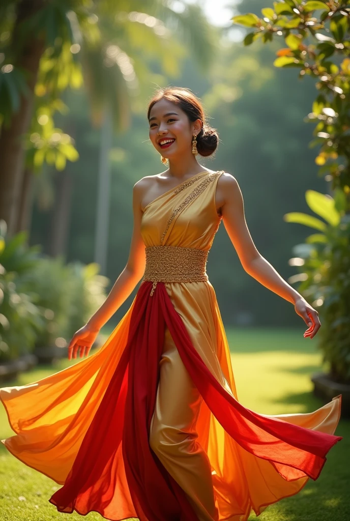 In a vibrant scene, a young woman in a traditional Thai dress twirls joyfully amidst a lush garden, captured with a Canon EOS R5 and a 50mm f/1.2 lens at ISO 200, shutter speed 1/500s; the sunlight filters through the leaves, casting playful shadows on her silk fabric, which shimmers in shades of gold and deep red, while her laughter echoes, blending with the soft rustle of the breeze, creating a vivid tapestry of culture and joy that celebrates the essence of Thai heritage