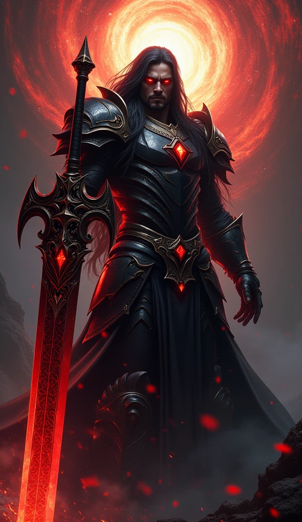 Full body portrait, 16K ultra-high resolution, dark gothic aesthetic, dramatic chiaroscuro lighting, imposing stance with an aura of intense menace. Valis, with masculine features and long black hair cascading down his back, eyes glowing an intense red, wields a massive two-handed greatsword with both hands. As he activates "Luminous Order," the swirling light around him intensifies, creating a violent vortex of radiant energy. Simultaneously, the "Blaze Fang" ability ignites, and a fiery wolf aura envelops his body, snarling and snapping with fiery intensity. The extremely detailed armor decorations and blood-red jewels glint in the light, while the intricate patterns in the swirling light and the greatsword's detailed engravings glow with a menacing aura. The full-length view from head to toe shows his feet planted firmly, with the red glow reflecting off his armor, enhancing the stark contrast between light and shadow.