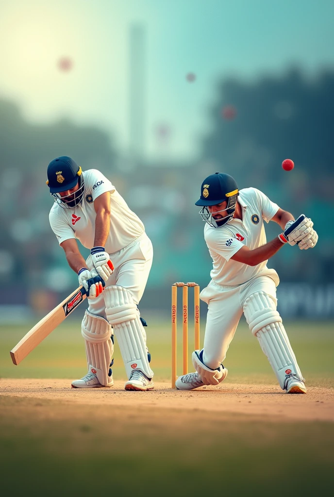 I need a background for poster where on one edge a cricketer batting and on the other edge a cricketer bowling and on the third side a bowl and stumps which is kind of blurred background where a single colour is starting lighter from one side and getting darker on other....it should be in the ratio 9:16 and a blurred picture of cricketer Virat Kohli kissing trophy