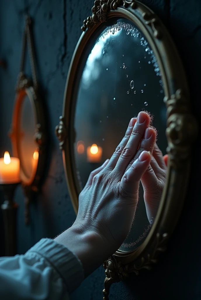 generate a close-up of a finger touching a facing mirror which hanging on the wall and its churning like a water, dark background, candle light. the image was taken from aside, fantasy, highly-detailed, ultra-sharp, realistic. 