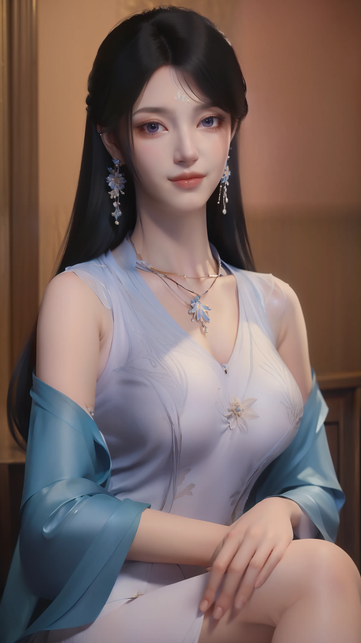 (masterpiece, best quality:1.5), 1 Girl, Solitary,
Black Hair, Long hair, jewelry, Lips, blue eyes, Smile, 
breast,
clavicle,
earrings,
flower,
Looking at the audience,
necklace,
White Dress,
Yuechan, 
sitting, Perfect lighting, Detailed Color, Facial details, 
 