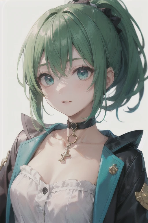 (Highest quality)、(Highest quality)、cute、(choker).eyes are emerald、(ponytail)、