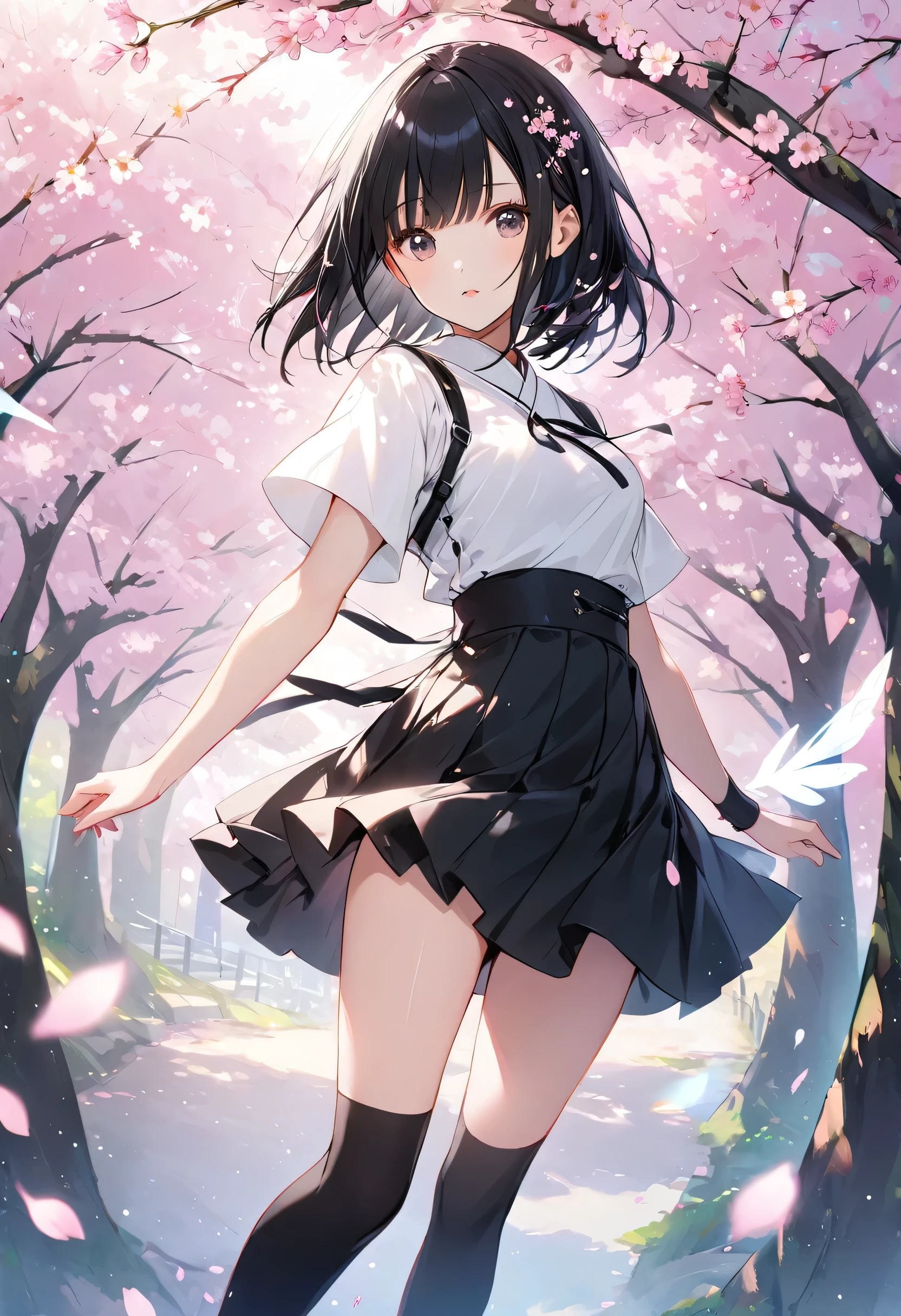 [[anime styled]]、[[digitalart]]、[[wlop]]、College girl in white blouse with long sleeves、[[Short Chanel]]hair、[[The cherry tree]]Forest background、murky、Neutral Lighting、[[Little lighting]]、The wind blows and the skirt twists, Expose off your underwear、Underwear can see through、backs、Enlarge the buttocks、Looking up from the ground