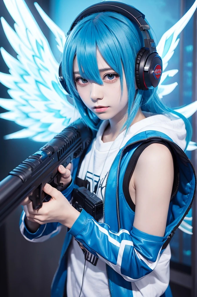 Blue Hair Huge Gun Boy Headphones God々Shii wings anime style