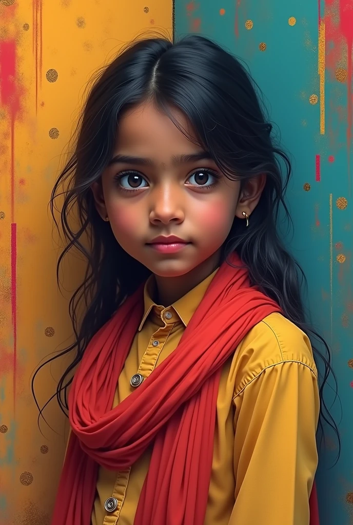 Indian young girl, dress shirt & scart, black eyes, artificial background