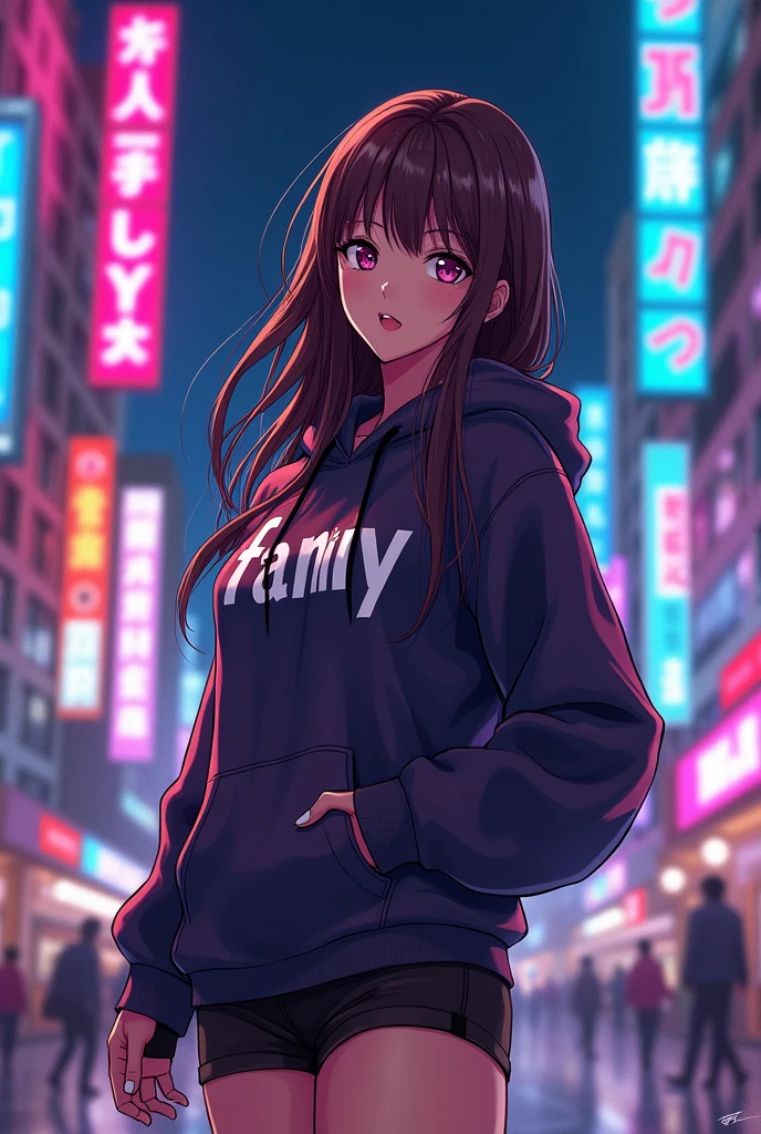 Create a character anime, {background: capital text “GLBK”, night city}, tanned skin,
realistic, HDR, beautiful, japan style, full body, use piastol, age 20, hoodie HD text: “FANY”, female, long hair