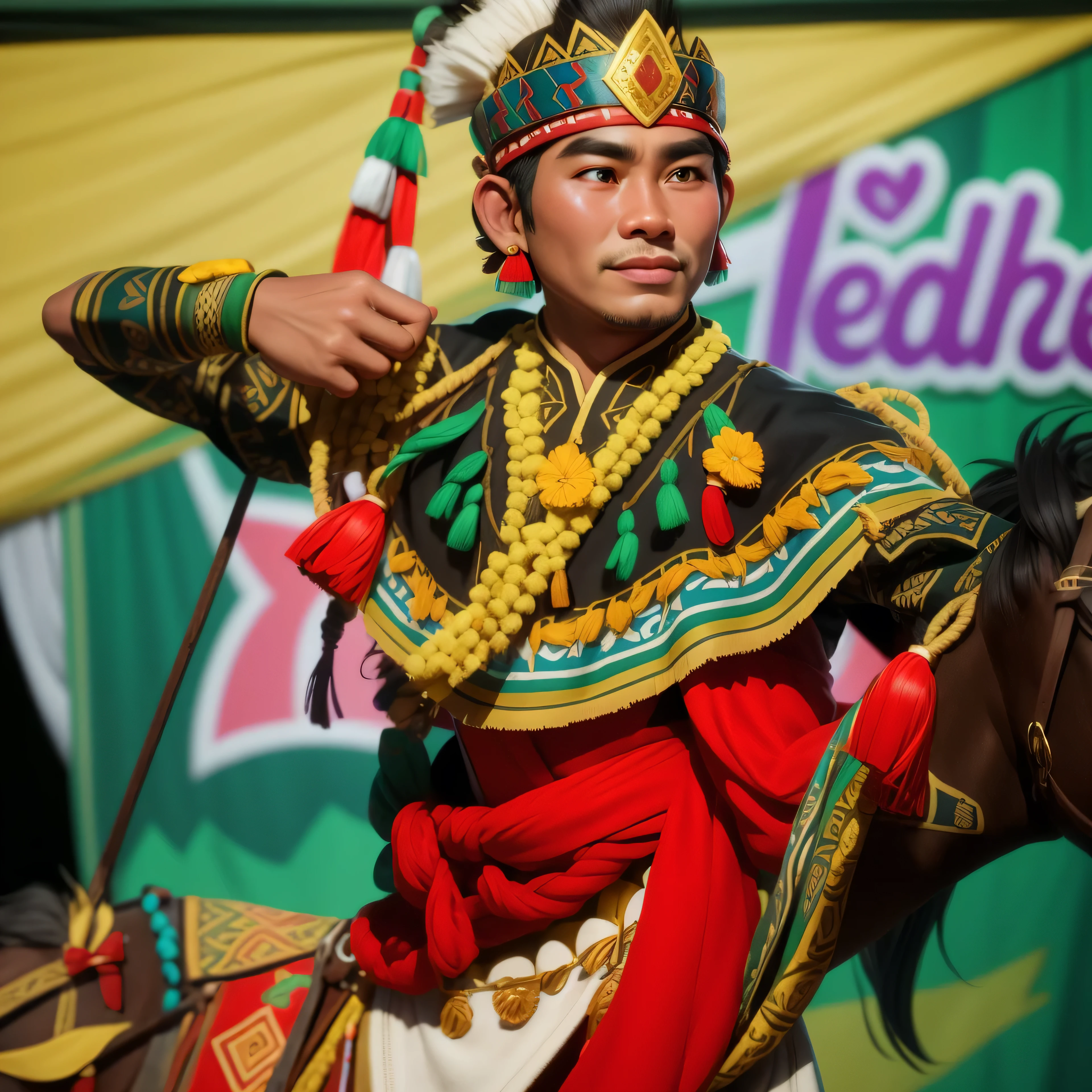arafed man in a colorful costume riding a horse with a colorful hat, wearing authentic attire, traditional costume, traditional clothes, traditional dress, wearing traditional garb, traditional, inspired by I Ketut Soki, traditional clothing, tribal dance, tai costume, traditional beauty, inspired by Sasha Putrya, by I Ketut Soki, traditional artHD, (best detail), (best quality), cartoon, 3DMM,
