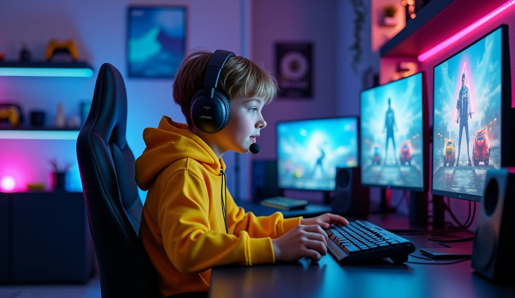 "A young boy wearing a bright yellow hoodie is sitting at a modern gaming setup. He’s at a sleek black desk with multiple monitors displaying vibrant game screens. The background features a high-tech gaming studio with neon lights, posters of popular games, and shelves filled with gaming gear and collectibles. The boy's face shows concentration and excitement as he’s deeply engaged in a game, with a headset resting around his neck and a controller in his hands. The entire scene is bathed in a cool blue and purple light, creating an immersive gaming atmosphere."